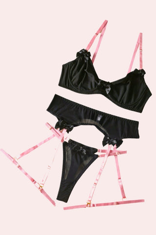 Color Block Set - Black - Set - Feminine UAE - Sensual Lingerie - Black - S - Bra Panties & Garter Set - Set -