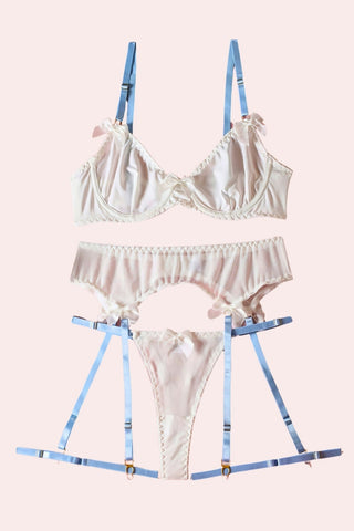 Color Block Set - White - Set - Feminine UAE - Sensual Lingerie - White - S - Bra Panties & Garter Set - Set -