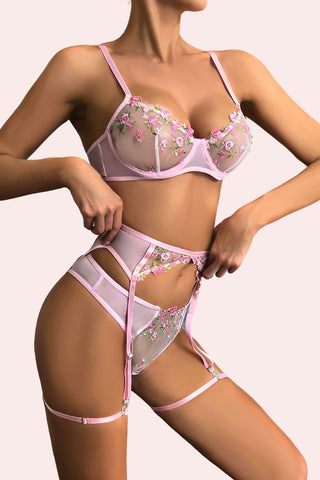 Cotton Candy Set - Set - Feminine UAE - Sensual Lingerie - Pink - S - Bra Panties & Garter Set - Set -