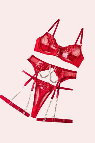 Dilara Set - Set - Feminine UAE - Sensual Lingerie - Red - S - Bra Panties & Garter Set - Set -