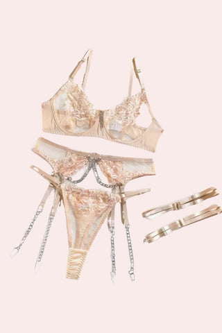 Dilara Set - Set - Feminine UAE - Sensual Lingerie - Beige - S - Bra Panties & Garter Set - Set -