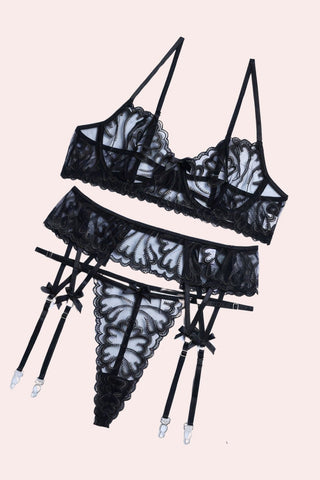 Enchanting Set - Set - Feminine UAE - Sensual Lingerie - Black - S - Bra Panties & Garter Set - Set -