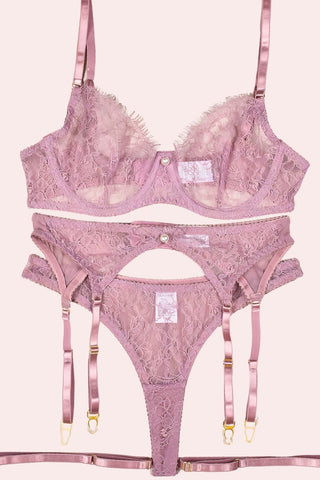 Lavanta Set - Set - Feminine UAE - Sensual Lingerie - Lavender - S - Bra Panties & Garter Set - Set -